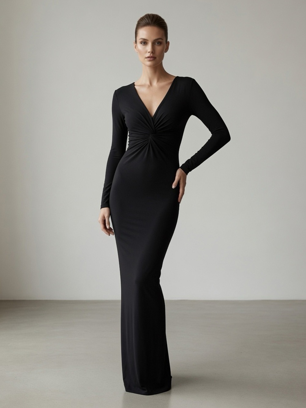 Talbot Runhof Black Long Sleeve Twisted Knot Front V-Neck Evening Gown Size 6